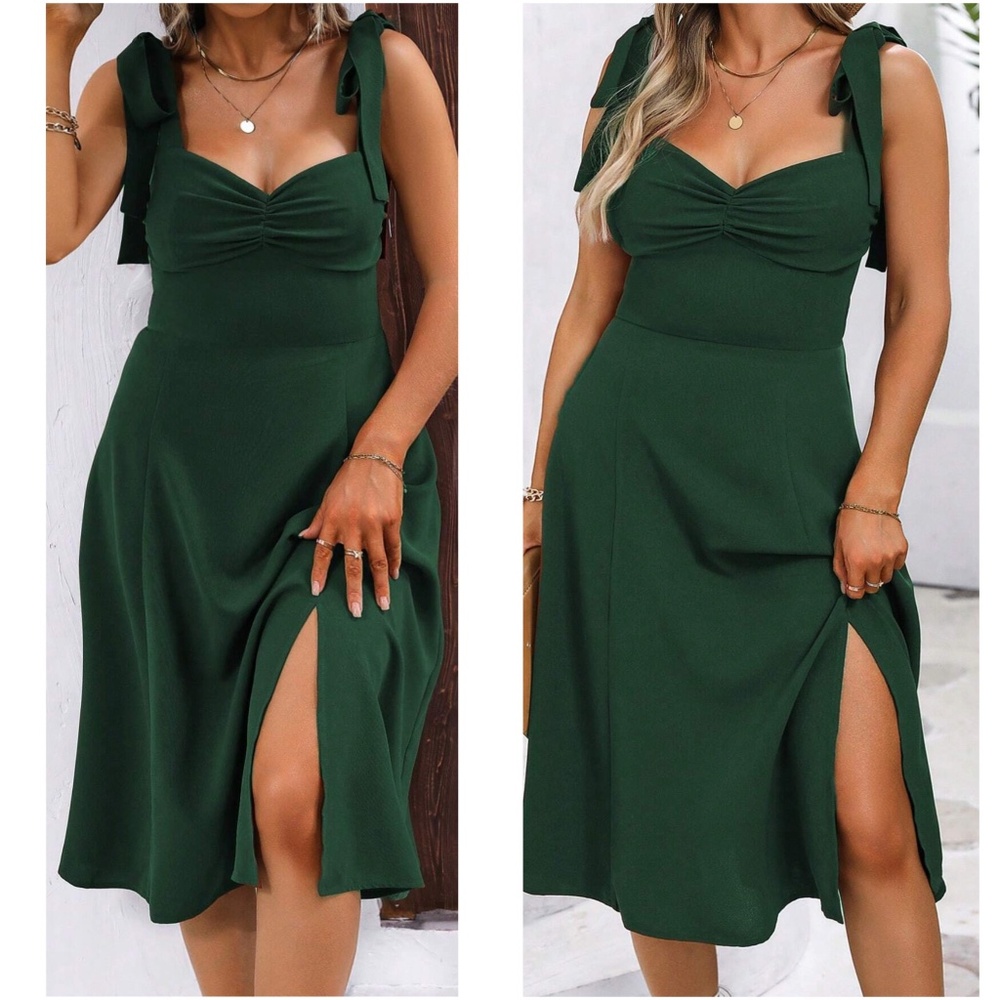Plus Solid Shoulder tie Sweetheart neck Cami Midi Dress - Picture 5 of 7